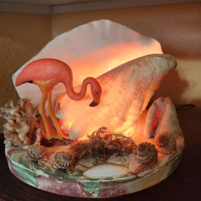 VINTAGE ABALONE SEASHELL TV Lamp Pink Flamingo Retro MCM Light Tropical