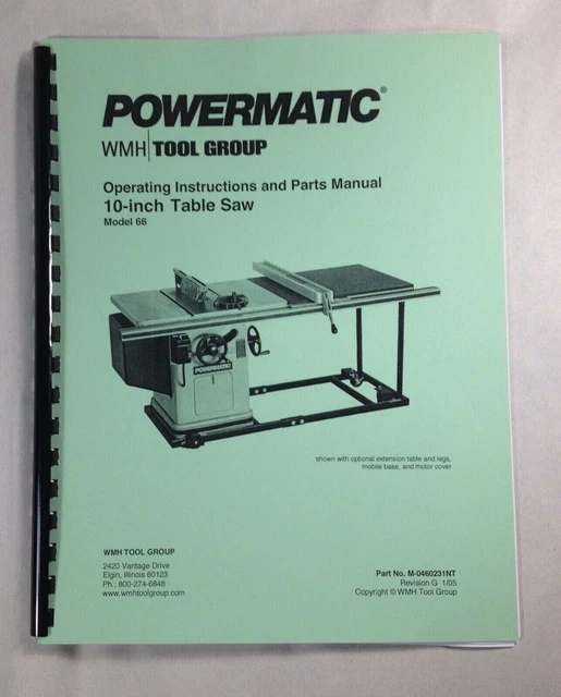 Powermatic Model 66 10” Table Saw Operating Instructions & Parts Manual