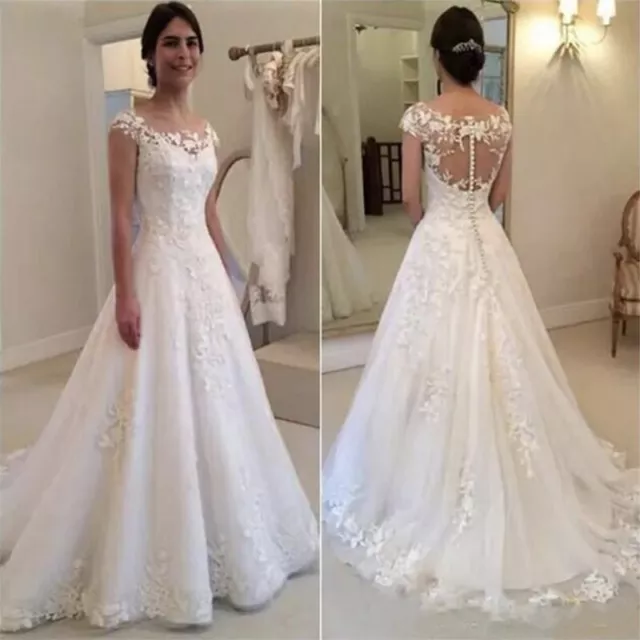 Elegant Cap Sleeves Wedding Dresses O-Neck Lace Appliqe A-line Bridal Gowns