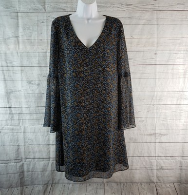 Cabi 3648 Womens Poise Dress Sz Medium Blue Black Floral Long Bell Sleeves