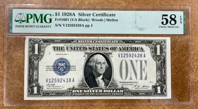 1928A $1 Silver Certificate  FUNNY BACK Fr#1601 PMG 58 Choice About UNC. - EPQ