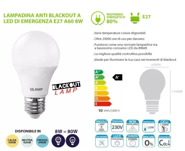 Lampada Lampadina Led E27 8W D'Emergenza Ricaricabile 4 ORE Diverse Tonalità