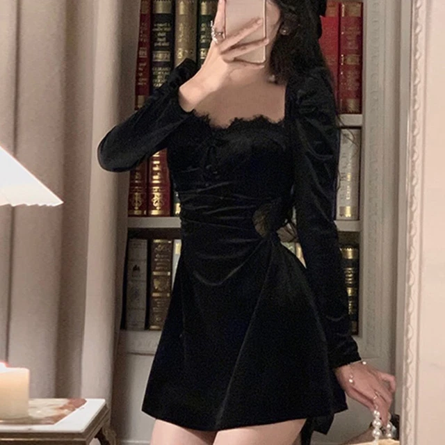 Donna Corto Velluto Abito Manica Lunga Pizzo Giuntura Tunica Basso Cut Discoteca
