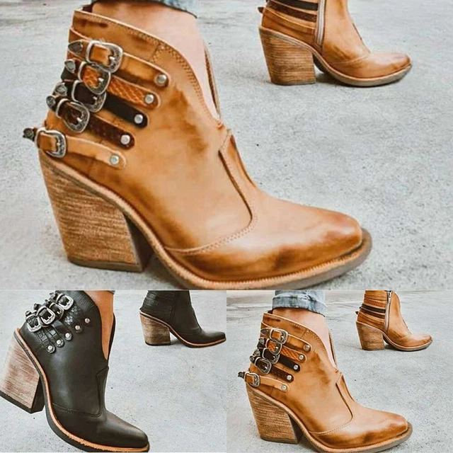 Scarpe 1 paio di stivali tacco a blocco pelle fibbia multicolori nuovissime