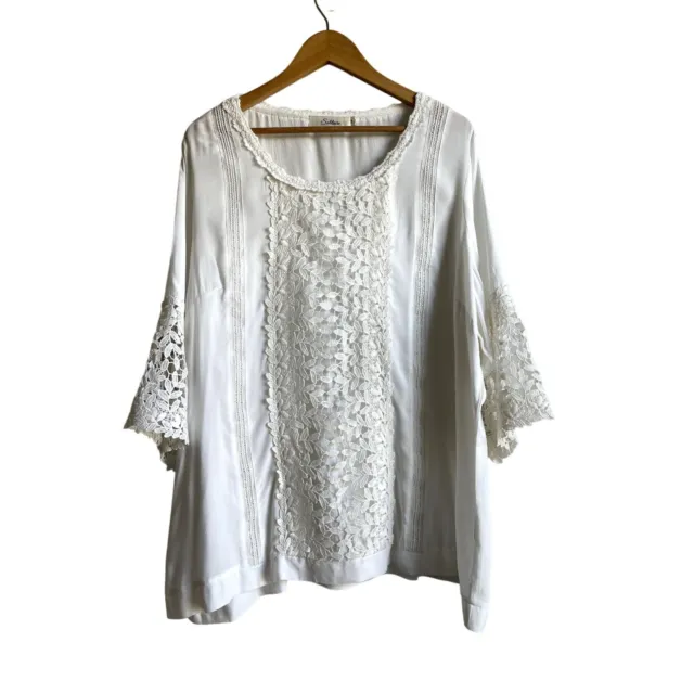 Solitaire 1X White Eyelet Lace Popover Blouse Top Floral Short Sleeve