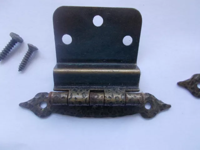 Pair Vintage Cabinet Door Hinges Rustic Hammered Drawer Brown w original Screws