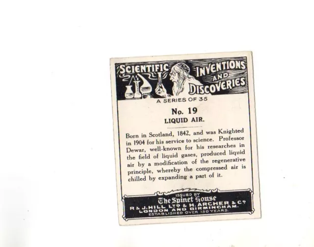 Cigarette Type card RJ Hill Scientific Inventions and Discoveries Large N19 2