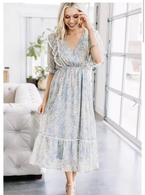 In loom daisy floral midi Maxi dress Tea Day Ruffle Sun Dress Size Small EUC