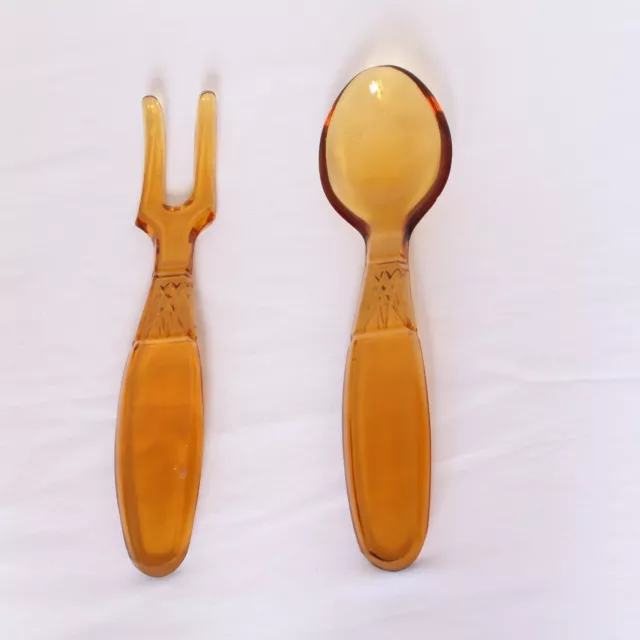 Vintage amber pressed glass salad servers utensil spoon & fork