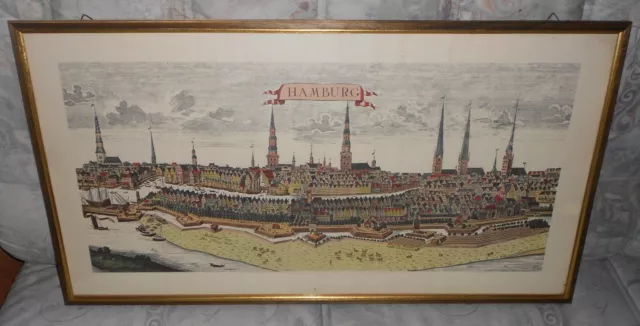 Antike Stadtansicht von Hamburg, koloriert, gerahmt 81x43cm, gepflegt!