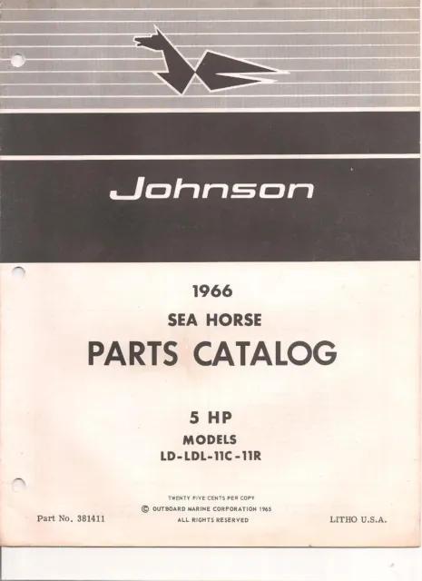 Vintage Johnson Sea Horse Outboard Part Manual 1966 5hp LD-LDL-11C-11R