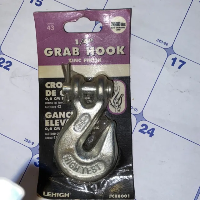 Lehigh 1/4" Clevis Grab Hook Zinc Plated 2600 lbs. Grade 43 #CH8001