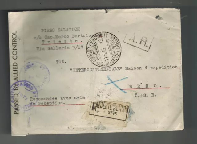 1946 Trieste Italy AMG VG Registered Censored Cover to Brno Czechoslovakia