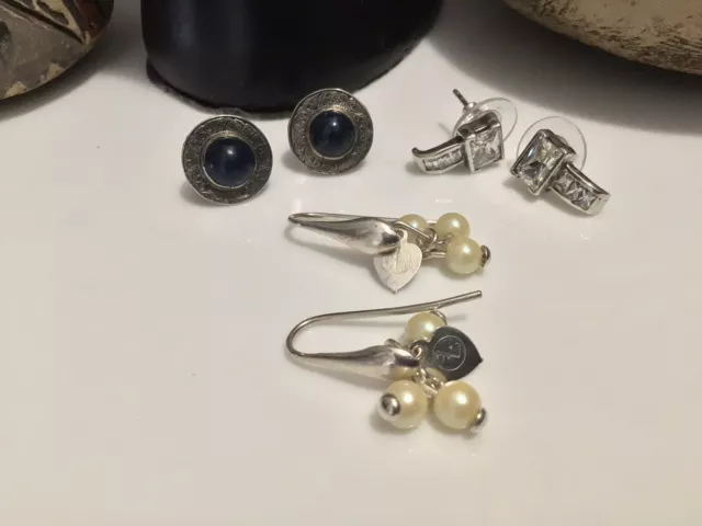 VTG 3 Pair 925 Sterling Silver Earrings~Blue Lapis, CZ J-Hoop & Faux Pearl 9.9g