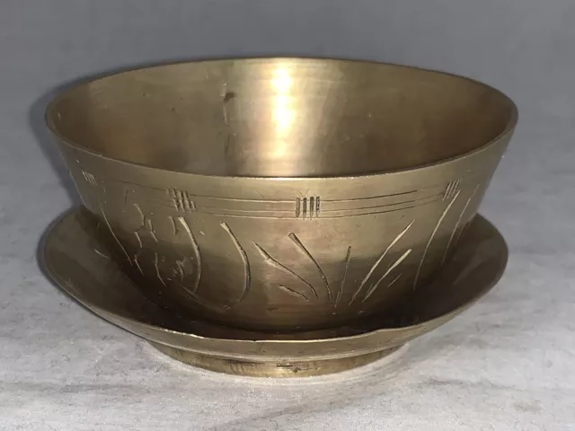 Antique Old Unusual Chinese Hand Engraved Etched Small Brass Bowl and Plate