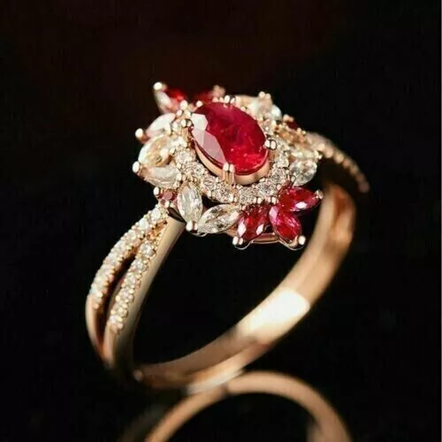 HALO 3.20CT OVAL Cut CZ Ruby Cocktail Engagement Ring 14k Yellow Gold ...