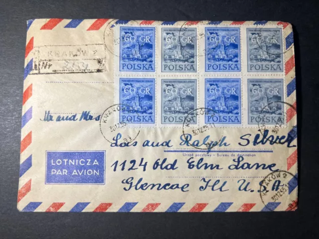 1955 Registered Poland Airmail Cover Krakow to Glencoe IL USA 3