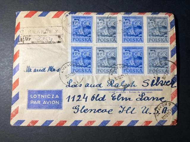 1955 Registered Poland Airmail Cover Krakow to Glencoe IL USA 3