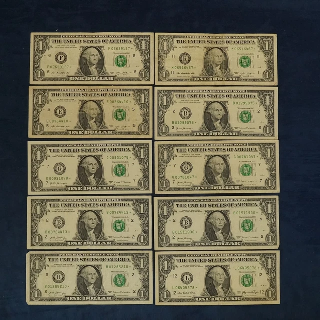 Lot of 10 $1 Federal Reserve Star Notes - Free Shipping USA