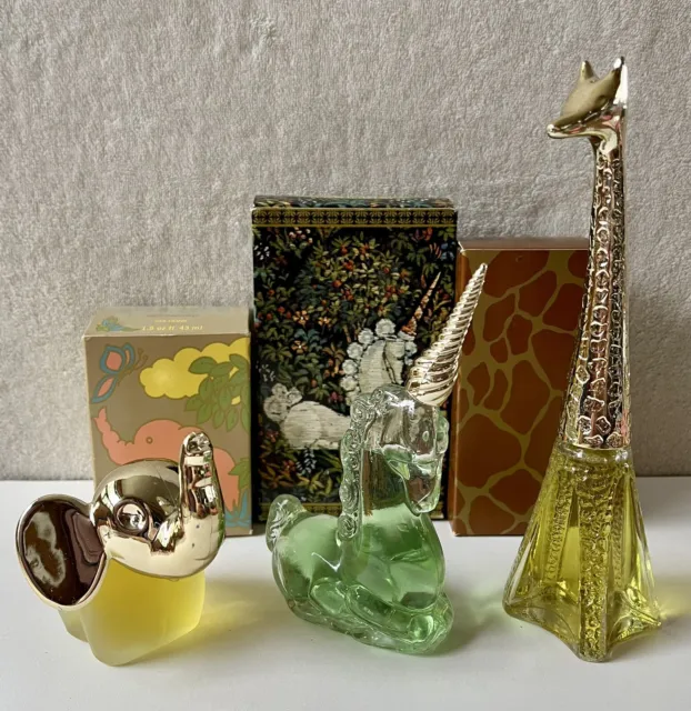 Lot of 3 Vintage Avon Perfume Bottles ELEPHANT  • UNICORN • GIRAFFE In Box 1970s