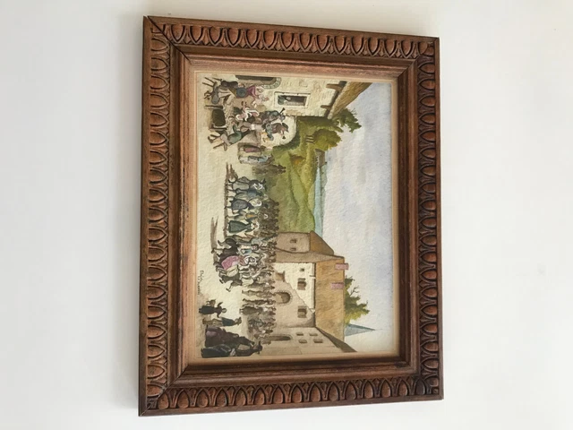 TABLEAU ANCIEN AQUARELLE vue de village animé école Française signé