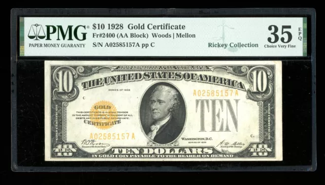 DBR 1928 $10 Gold Certificate Fr. 2400 PMG 35 EPQ Serial A02585157A