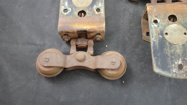 Two 2 Antique Cannon Ball Barn Door Rollers Hangers with Brackets BRASS TAGS #1 2