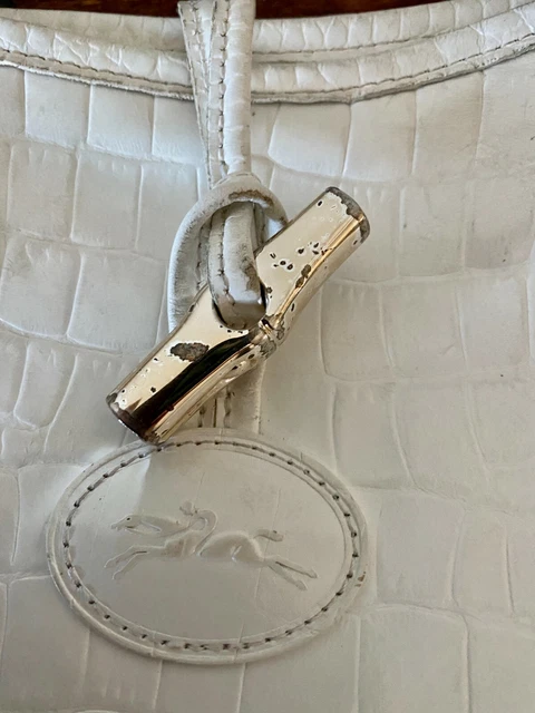 LONGCHAMP Adjustable ROSEAU CROC Embossed IVORY Patent Leather Cross Body Bag 4