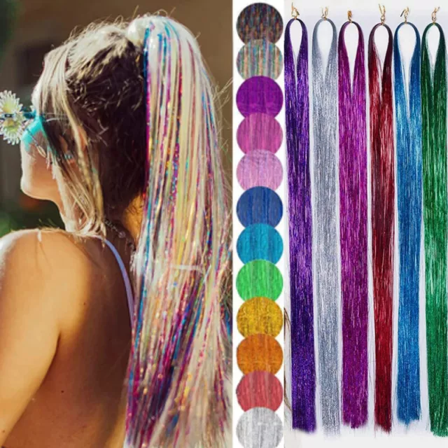 Woman Long Hair Tinsel Sparkle Holographic Glitter Extensions Highlight Party