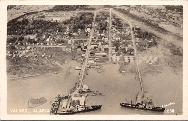 VALDEZ, Alaska RPPC Real Photo Postcard Aerial Town View w/ Oil Tankers Ships