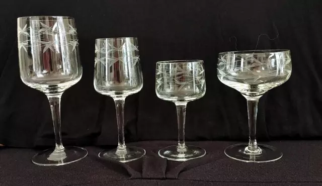 Vintage Set 16 Etched Fine Crystal Stemware 4 each of  4 Types of Cocktail Glass