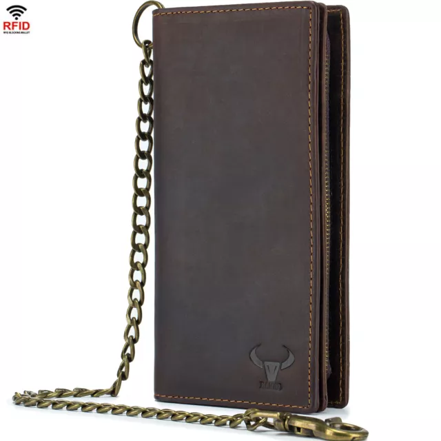 BAIGIO Men Long Wallet with Chain Real Genuine Leather RFID Biker Trucker Bifold