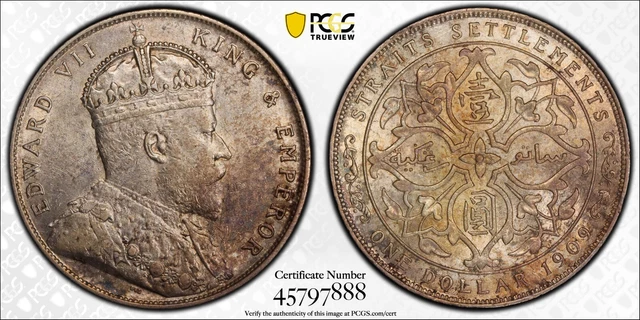 Straits Settlements, 1909 Edward VII Dollar. PCGS AU 58. 1,014,000 Mintage Straits Settlements, 1909 Edward VII Dollar. PCGS AU 58. 1,014,000 Mintage