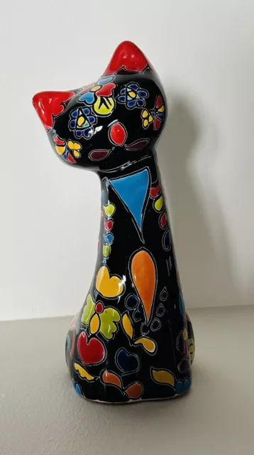 Talavera Pottery Hand Painted Colorful Cat Figurine Mexican Folk Art