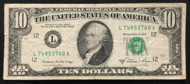 $10 Ten Dollar Bill Series 1981 (San Francisco) Federal Reserve  Old Currency