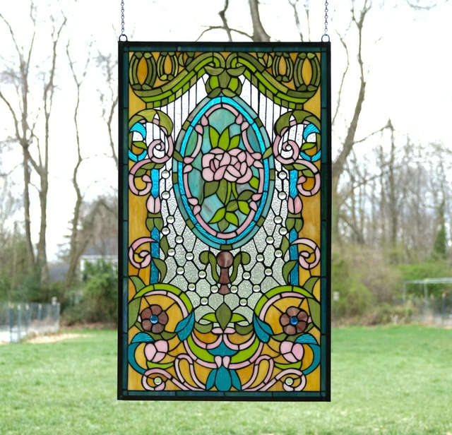20.5" x 34.75" Large Handcrafted stained glass window panel Flowers WL2022321