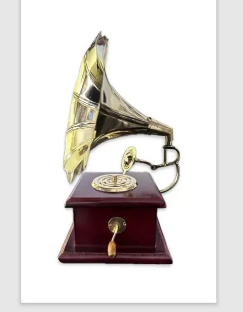 Vintage Gramophone Brass & Wood Nautical Collectible Showpiece For Home Decor