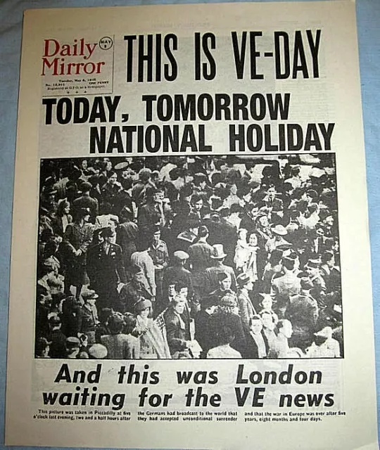1945 Newspaper VE DAY Daily Mirror Old Antique Victory Winston Churchill WW2 UK
