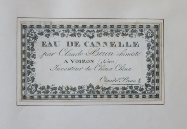 Ancienne étiquette boisson 1830-40 EAU DE CANNELLE Brun VOIRON China China label