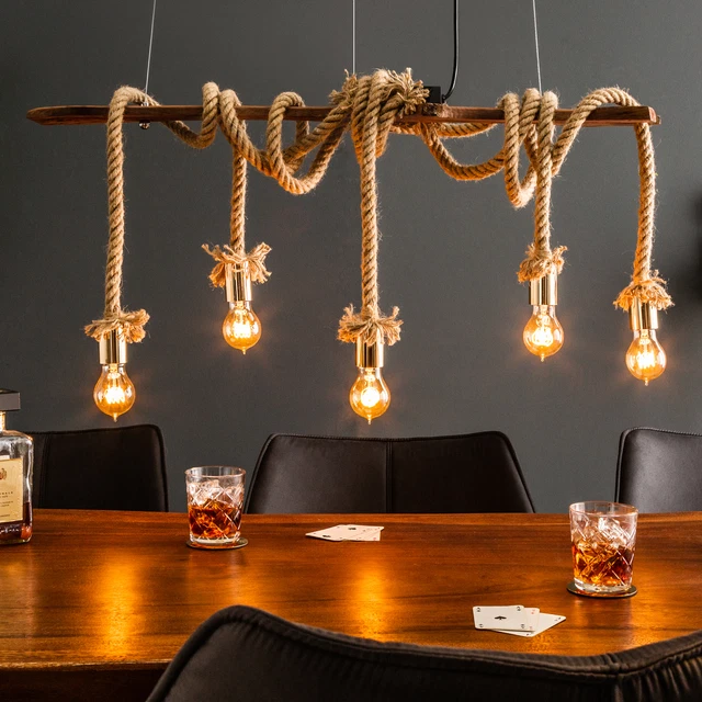 Maritime Hängeleuchte SEVEN SEAS II 110cm natur Massivholz Seil Lampe Tau Jute