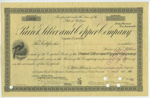 Papagei Silber- und Kupferfirma 1901 (?) 20 Aktien Chase und Barstow