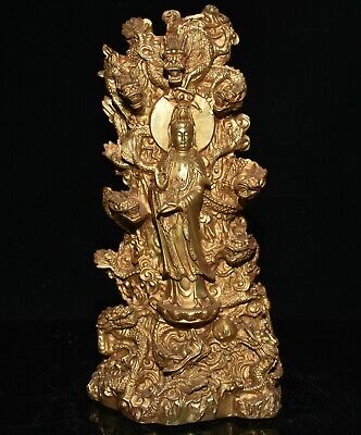 14,4 "Chine Cuivre Doré Bouddhisme Kwan-yin Guan Yin 9 Statue Déesse Dragon