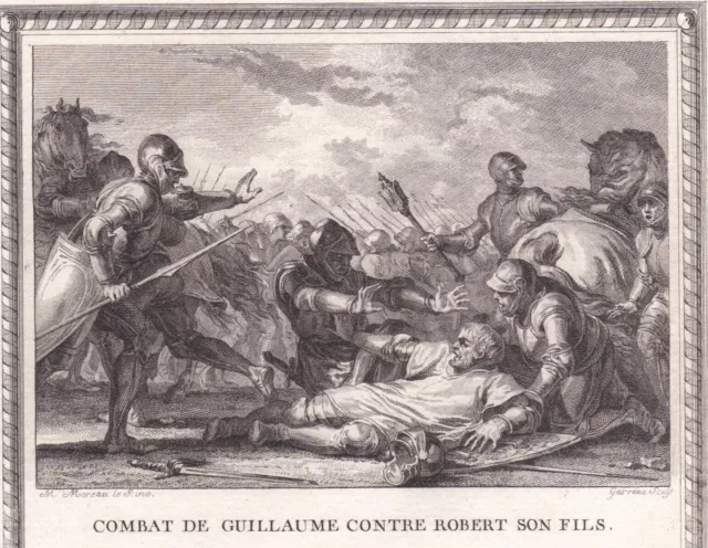 Gravure XVIIIe Combat Guillaume le Conquérant Robert II Normandie Courteheuse