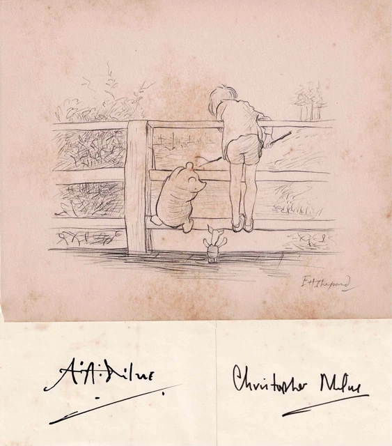WINNIE THE POOH & Chrtopher Robin drawing and signatures A A Milne, E H ...