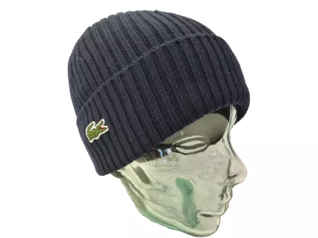 LACOSTE WOOL CUFFED Beanie Mens Marine Ribbed Hat Embroidered Fold