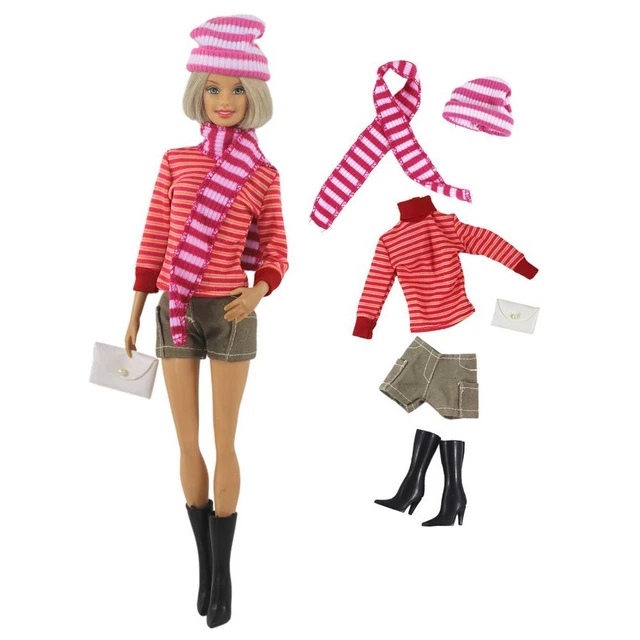 Doll Clothes Set Fashion Shirt Hat Scarf Shorts Boots Purse For Barbie 1/6 11.5"