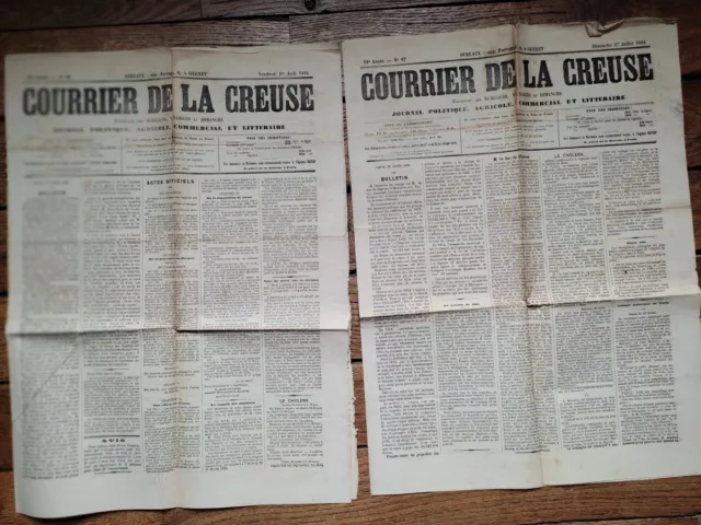 1884, Lot 2 Journaux,"Le Courrier De La Creuse",Evaux Les Bains,Gueret,Truffy,