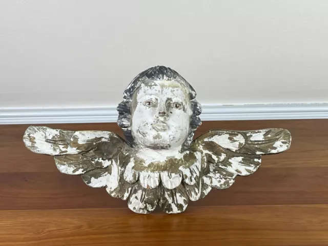 Carved Wood Polychrome 12" Angel with Glass Eyes Wall Decor