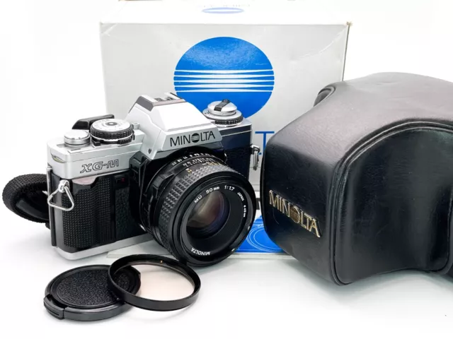 Minolta XG-M 35mm SLR Film Camera + MD 50mm f/1.7 Lens + Boxed + Case + Extras