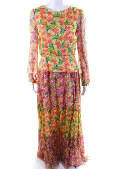 Saloni Womens Isabel Long Floral Chiffon Crew Neck Maxi Dress Multicolor Size 4